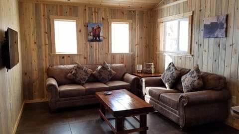 Cabin 8 | Living area | 40-inch flat-screen TV with satellite channels, TV, heated floors