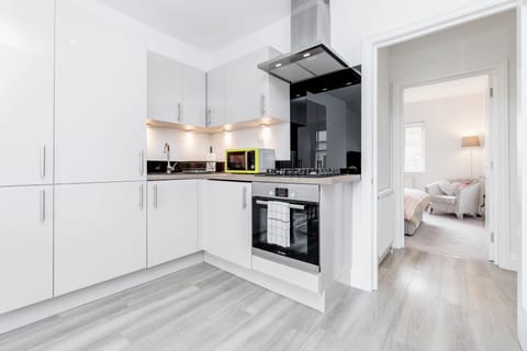 Elite Apartment | Private kitchen | Full-size fridge, microwave, oven, stovetop