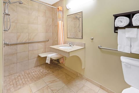 Combined shower/tub, free toiletries, hair dryer, towels