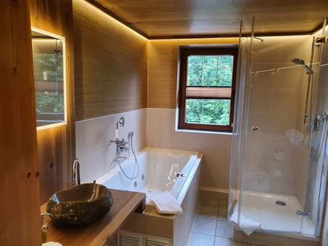 Suite | Bathroom | Shower, hydromassage showerhead, free toiletries, hair dryer