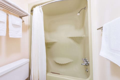 Combined shower/tub, free toiletries, hair dryer, towels