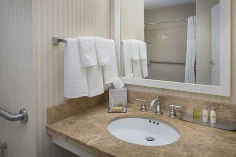 Combined shower/tub, free toiletries, hair dryer, towels