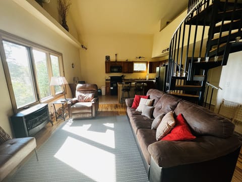 Living room when you walk into the rental. gas fireplace.