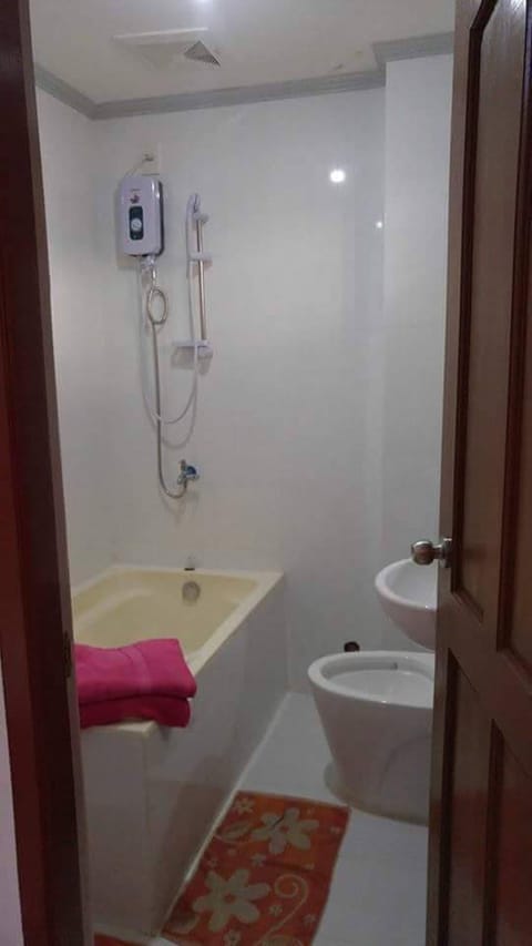 Combined shower/tub, hair dryer, slippers, bidet