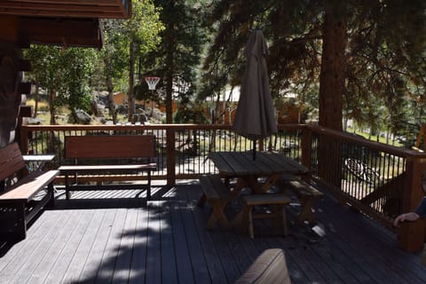 1/2 of main deck. Basketball court in background. Benches convert to tables