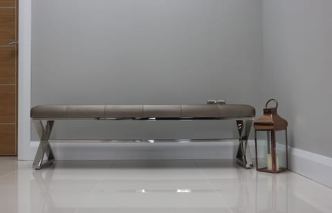 Shower, rainfall showerhead, designer toiletries, hair dryer