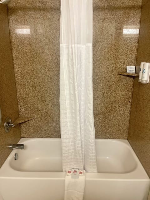 Combined shower/tub, free toiletries, hair dryer, towels