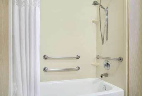 Combined shower/tub, free toiletries, hair dryer, towels