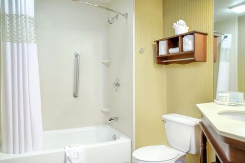 Combined shower/tub, free toiletries, hair dryer, towels