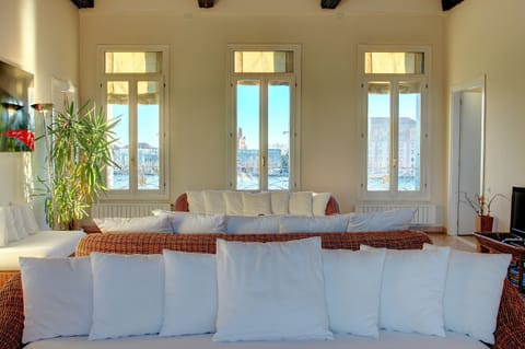 living room with panoramic canal view