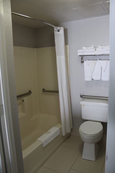 Combined shower/tub, free toiletries, hair dryer, towels