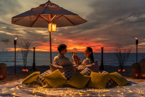 On the beach, sun loungers, beach umbrellas, beach towels