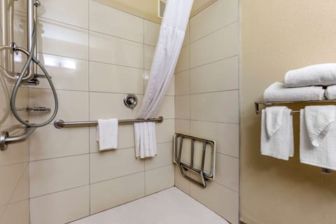 Combined shower/tub, free toiletries, hair dryer, towels