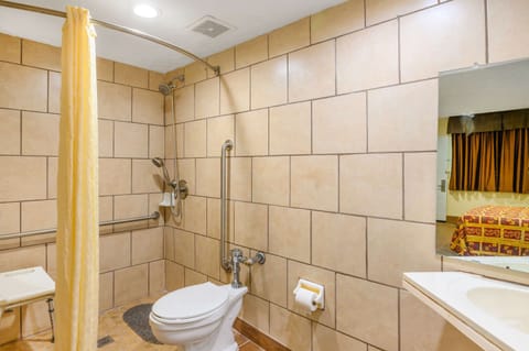 Combined shower/tub, deep soaking tub, free toiletries, hair dryer