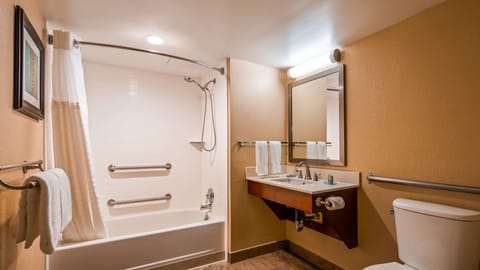 Combined shower/tub, hair dryer, towels
