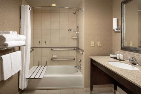 Suite, 1 King Bed, Accessible (Mobility & Hearing, Roll-in Shower) | Bathroom | Combined shower/tub, free toiletries, hair dryer, towels