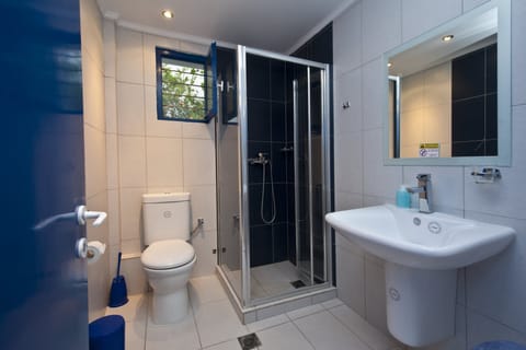 Triple Room, Pool View | Bathroom | Shower, hair dryer, towels