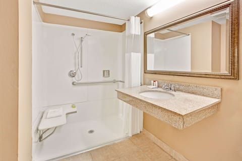 Combined shower/tub, free toiletries, hair dryer, towels