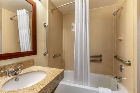 Combined shower/tub, free toiletries, hair dryer, towels