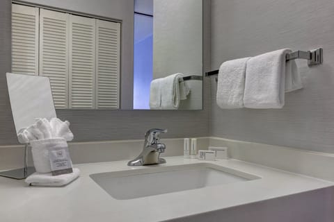 Combined shower/tub, free toiletries, hair dryer, towels