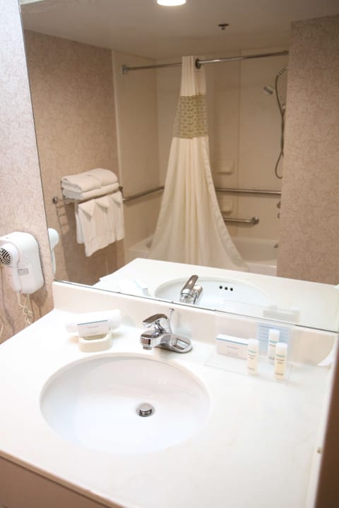 Combined shower/tub, deep soaking tub, free toiletries, hair dryer