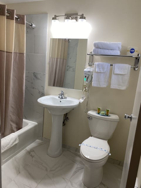 Combined shower/tub, free toiletries, towels