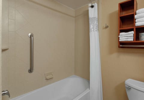 Combined shower/tub, free toiletries, hair dryer, towels