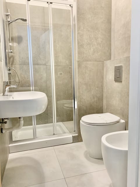 Shower, hair dryer, bidet, towels