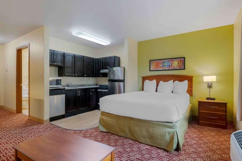 Deluxe Studio, 1 Queen Bed, Non Smoking, Refrigerator & Microwave | Desk, laptop workspace, blackout drapes, iron/ironing board