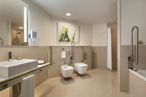 Separate tub and shower, eco-friendly toiletries, hair dryer, bathrobes