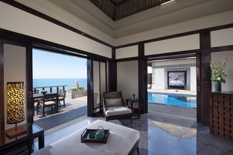 Two Bedrooms Oceanview Infinity Pool Villa | Living area | 55-inch TV with cable channels, DVD player