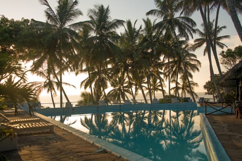 Outdoor pool, pool umbrellas, sun loungers