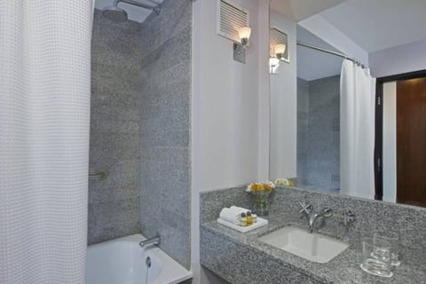 Combined shower/tub, free toiletries, hair dryer, towels