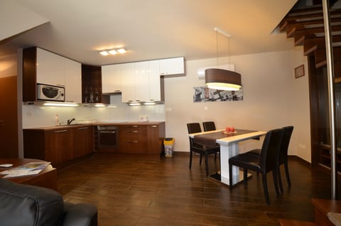 Penthouse Apartment | Private kitchen | Full-size fridge, microwave, oven, stovetop