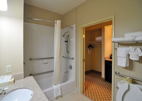 Combined shower/tub, free toiletries, hair dryer, towels