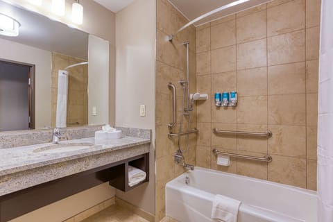 Combined shower/tub, free toiletries, hair dryer, towels