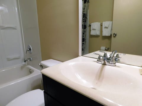Combined shower/tub, deep soaking tub, free toiletries, towels