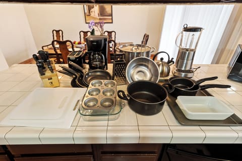 All your cooking needs, Included also are plates, cutlery, glasses, coffee cups and all the essentials.