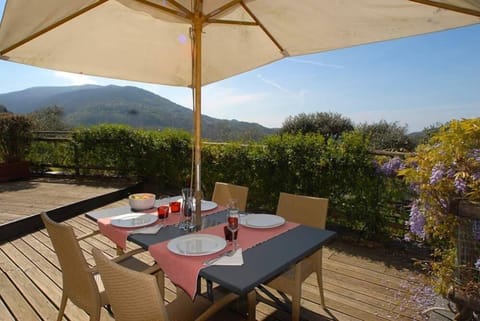 the terrace is surrounded by the greenery and has a panoramic view