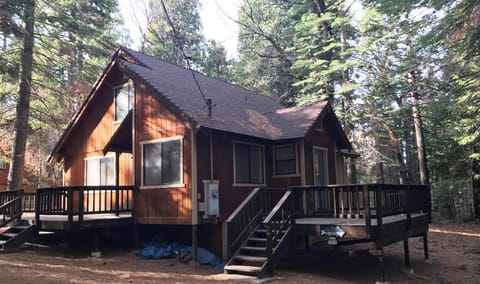 View from just off the road. Pines make deck great for relaxing or socializing