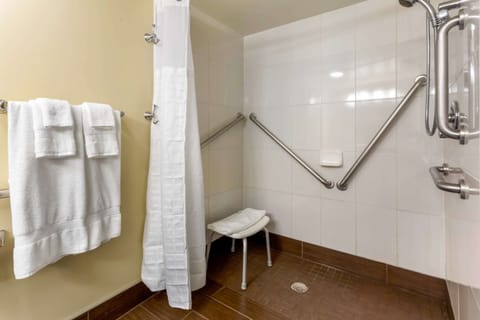 Combined shower/tub, hair dryer, towels