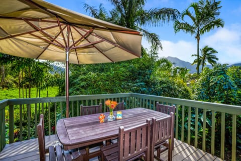 Outdoor dining area on lanai. Great views of the Na Pali mountains.