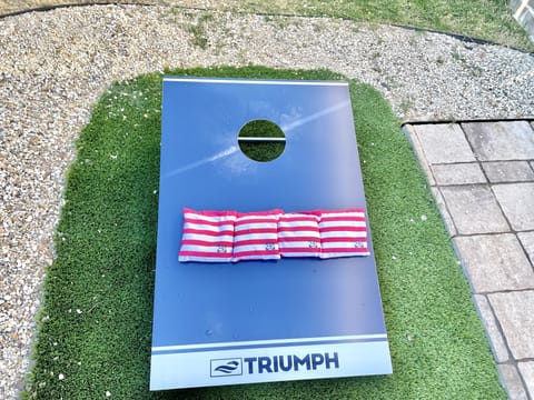 Premium cornhole boards in our backyard.