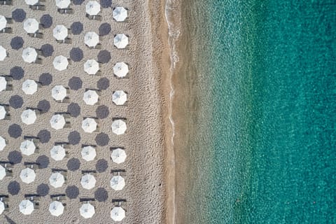 On the beach, black sand, sun loungers, beach umbrellas