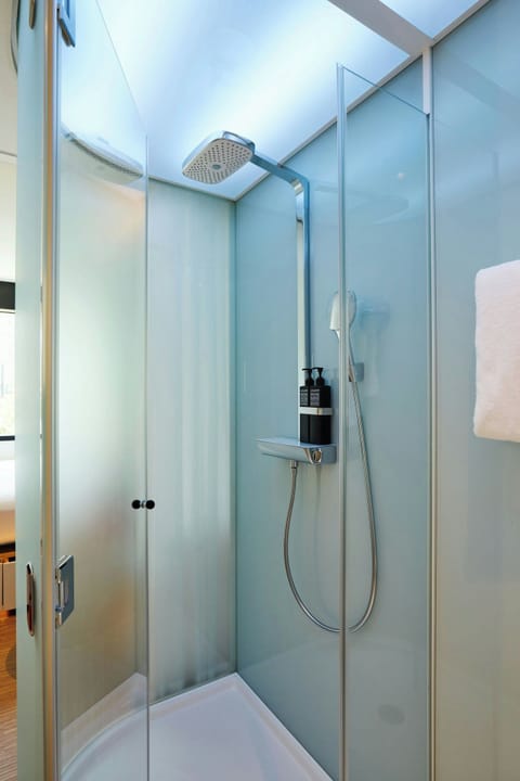 Shower, hydromassage showerhead, eco-friendly toiletries, hair dryer