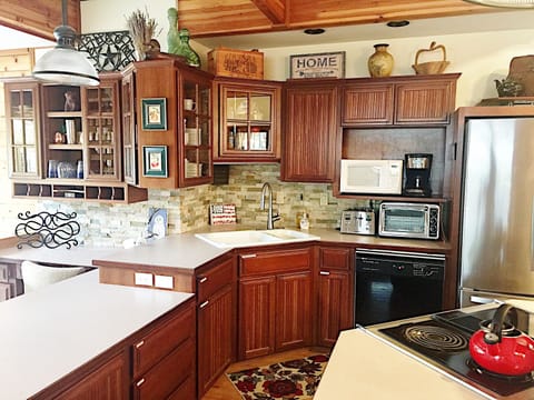 The cabinets are labeled to help you find everything you need.