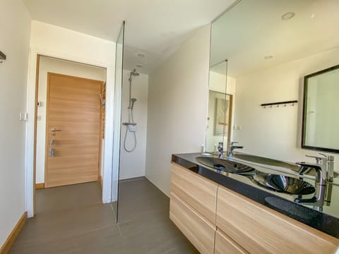 Shower, rainfall showerhead, hair dryer, towels