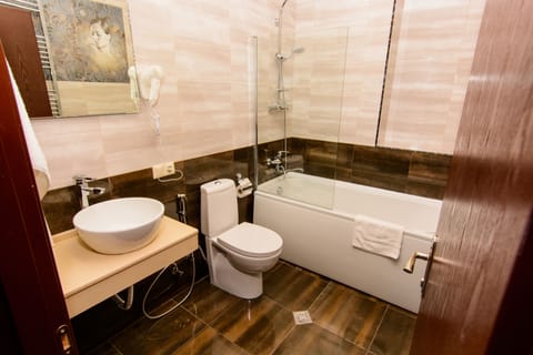 Combined shower/tub, eco-friendly toiletries, hair dryer, slippers