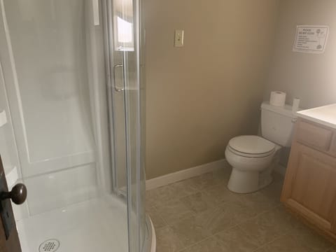 Combined shower/tub, deep soaking tub, towels, soap