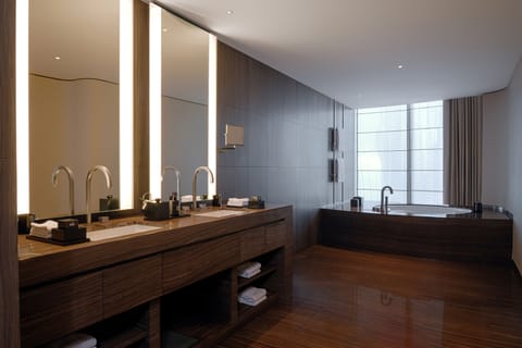 Armani Premiere Suite | Bathroom | Separate tub and shower, designer toiletries, hair dryer, bathrobes